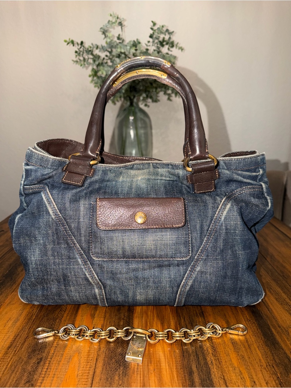 PRADA Denim & Vitello Leather Satchel - Picture 2 of 15